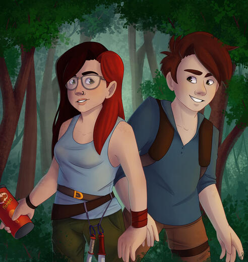 request • fully shaded • half body + extra character • medium complexity background