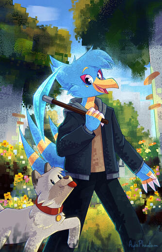 commission • pointy style • half-body + extra character • complex background